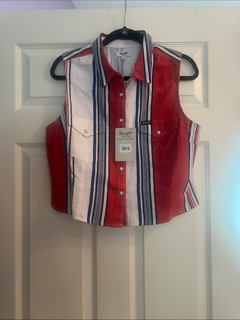 Wrangler Retro Women's Red, White & Blue Striped Sleeveless Button-Down Shirt